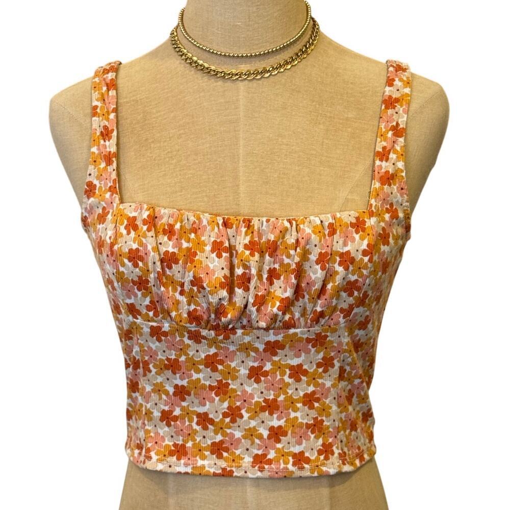 EVOLUTIONARY Orange Floral Cropped Tank Shirt Top size M made in USA
